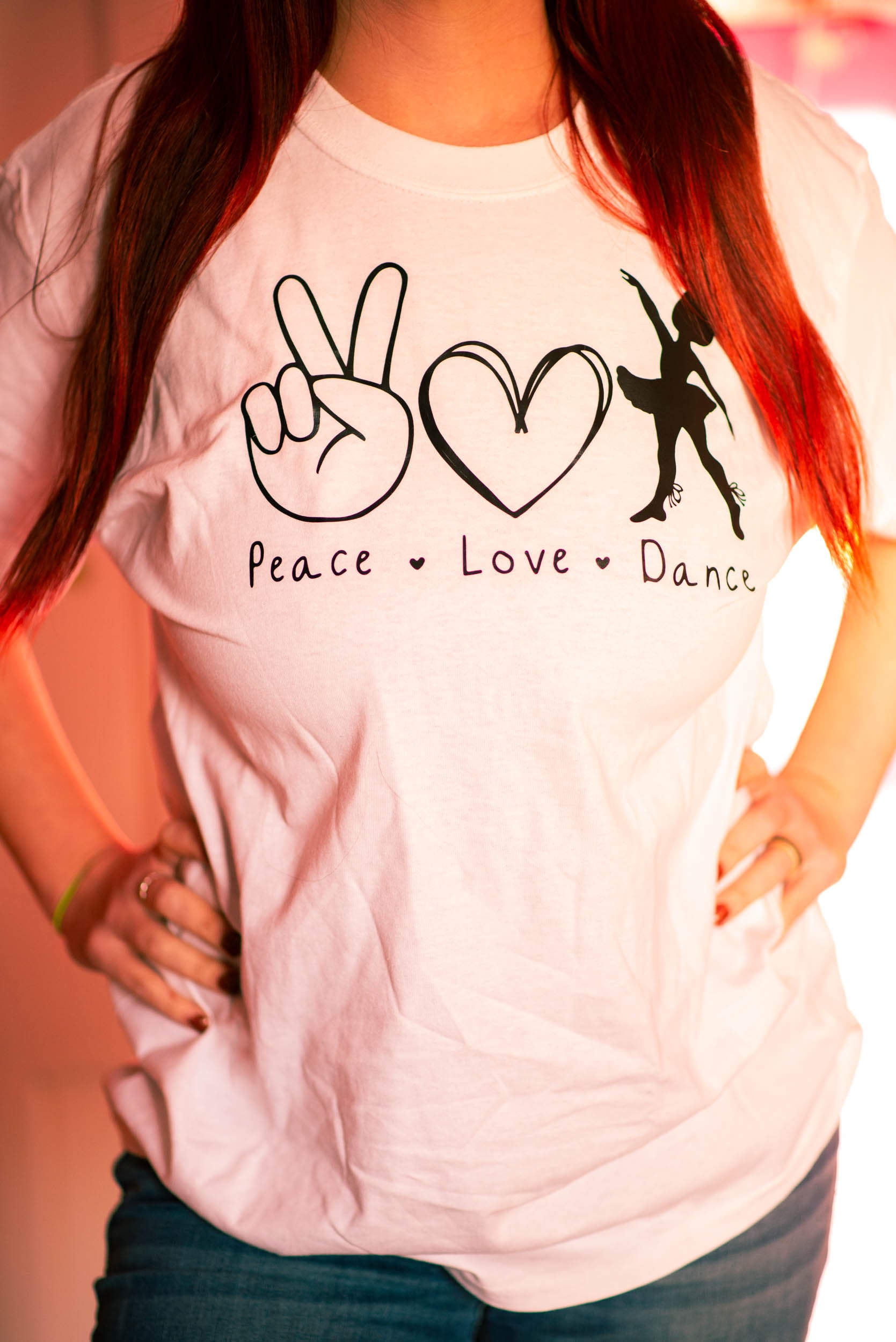 Peace love dance vinyl heat pressed white t-shirt (Adult).