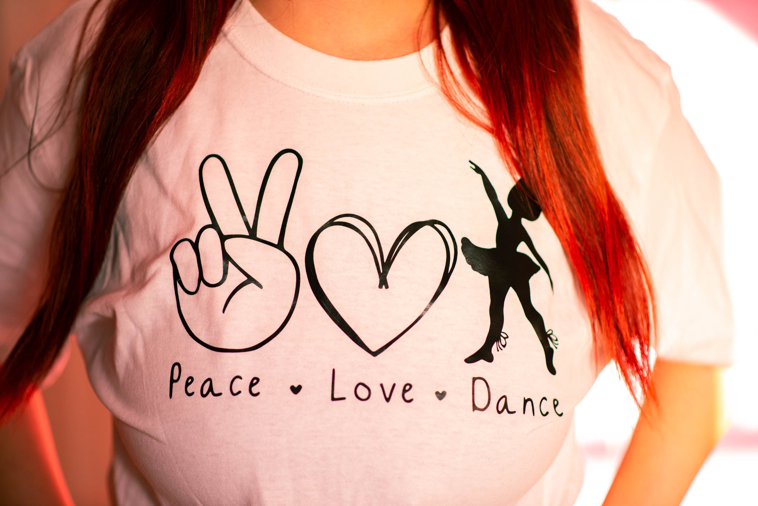 Peace love dance vinyl heat pressed white t-shirt (Adult).