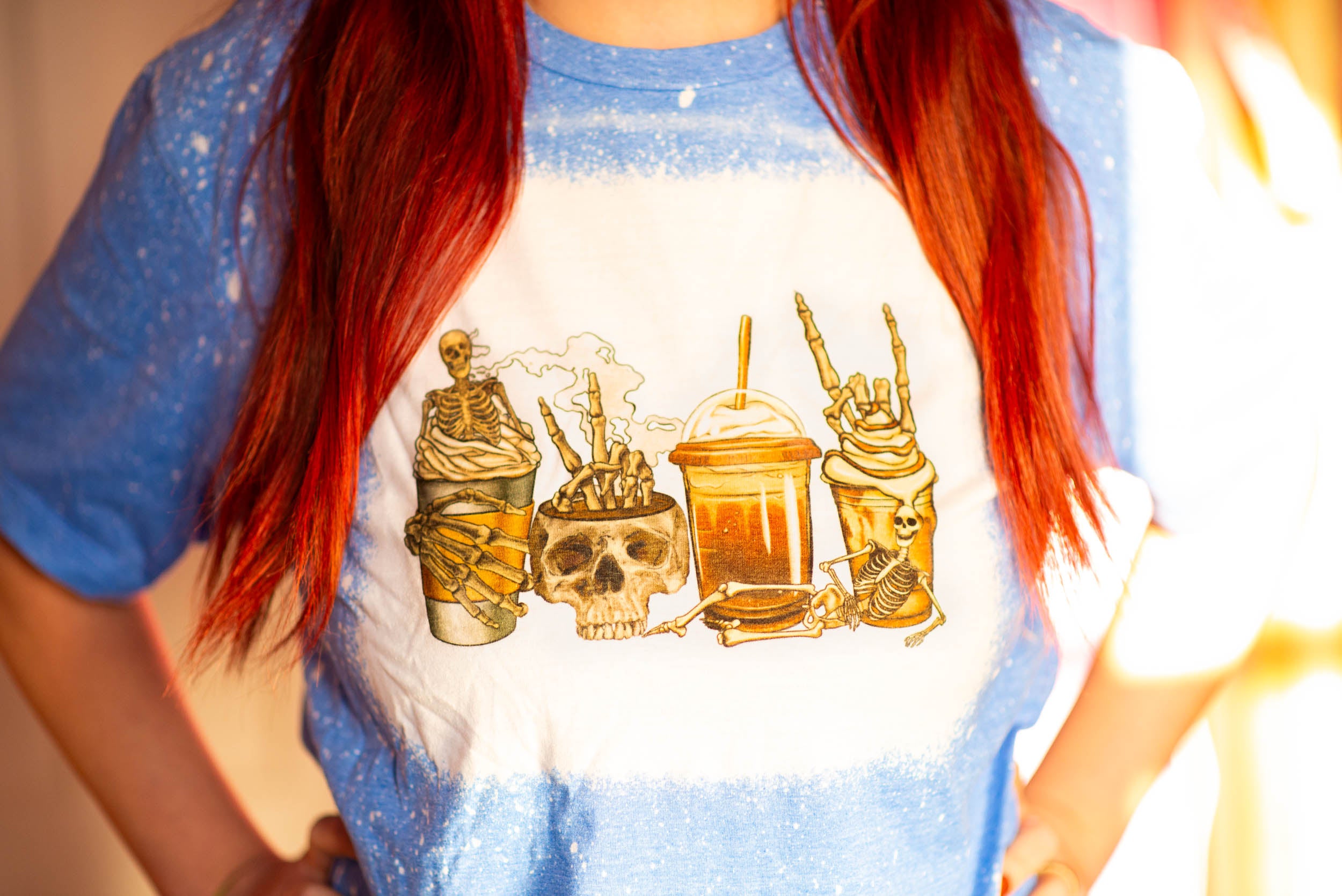 Blue bleached t-shirt with skull coffee and hands. (Adult)