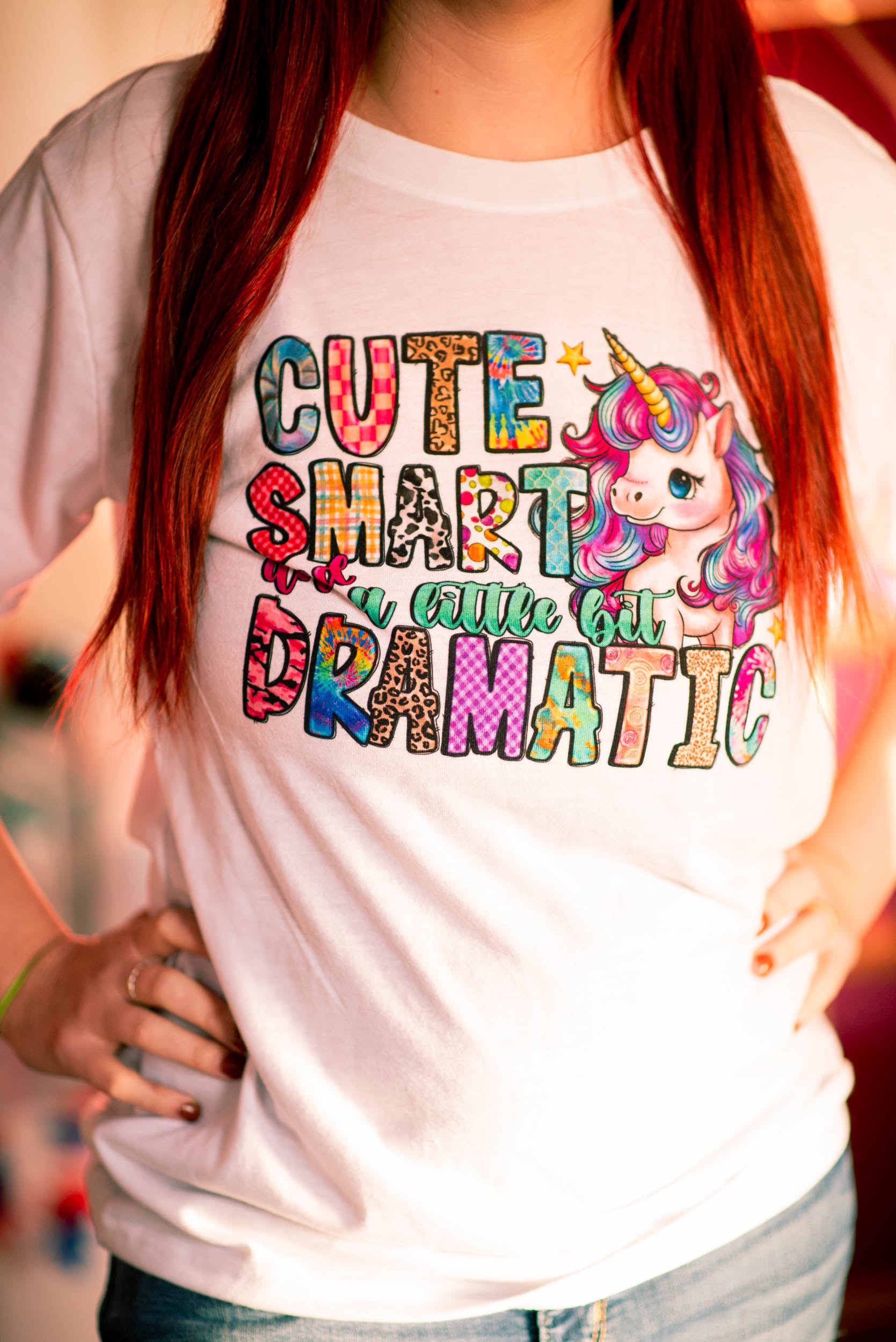 Cute, smart, and a little bit dramatic. (unicorn) White t-shirt (Adult)