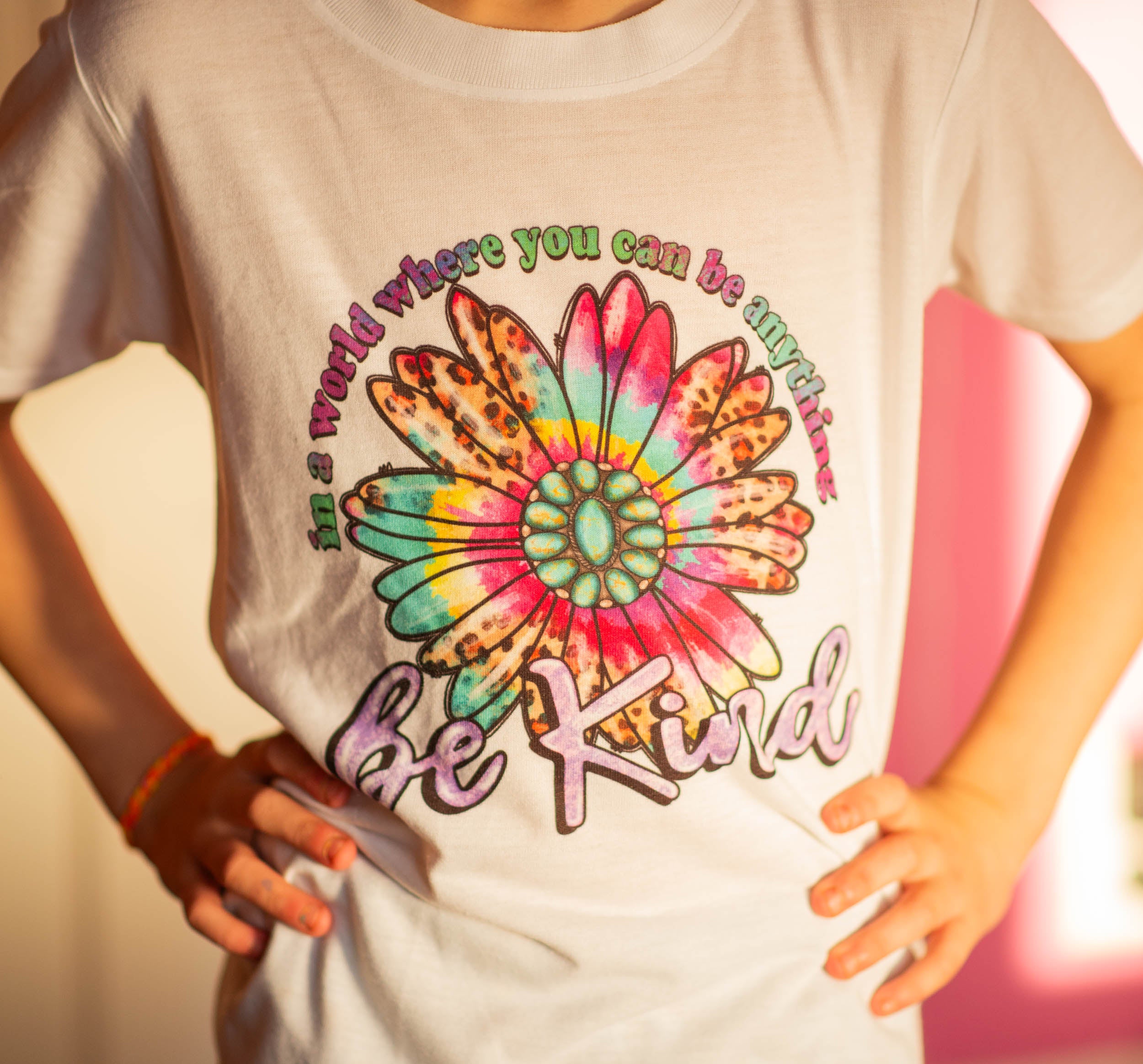 In a world where you can be anything, Be kind. Kids white t-shirt.